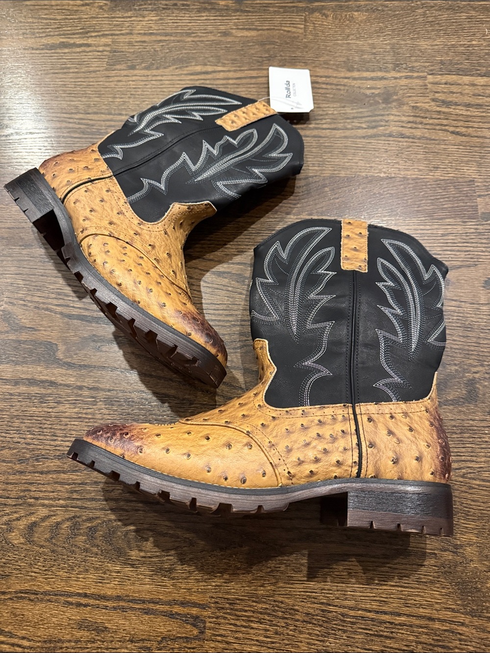 Men's Two-Tone Western Work Boot - Black & Tan rolled cowboy 🤠 13